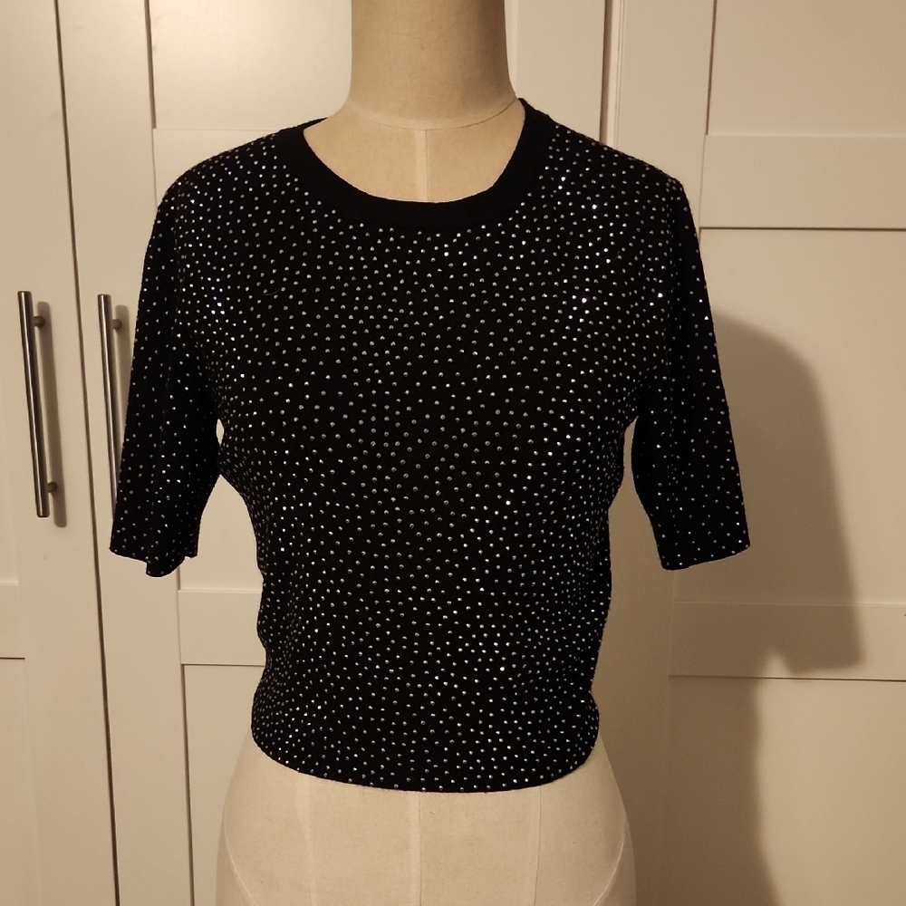 Alice + Olivia Black Sequin Ciara Cropped Crystal-Embellished Knitted Top Size M